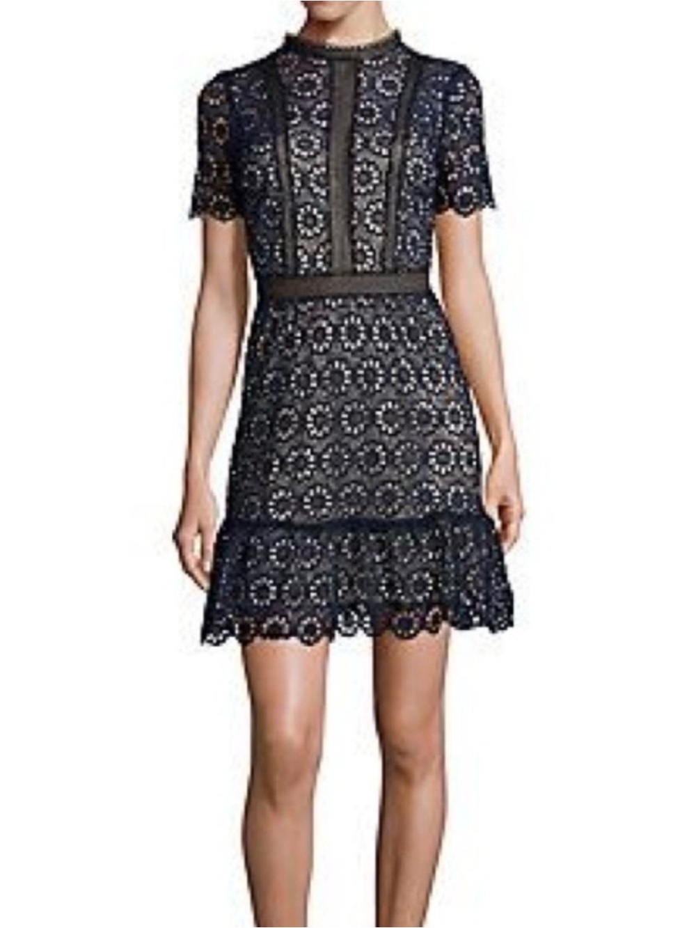 Design Lab Lord & Taylor Blue and Black Lace Fit-and-Flare Dress